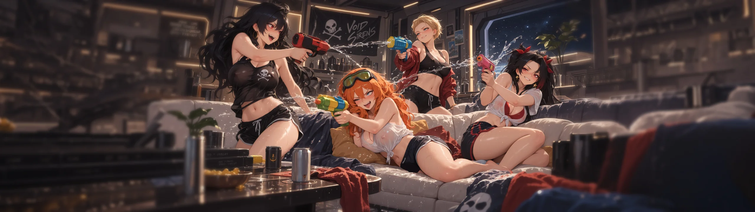 Mave, Aster, Billy, and Raven having a water-pistol fight in the ship lounge
