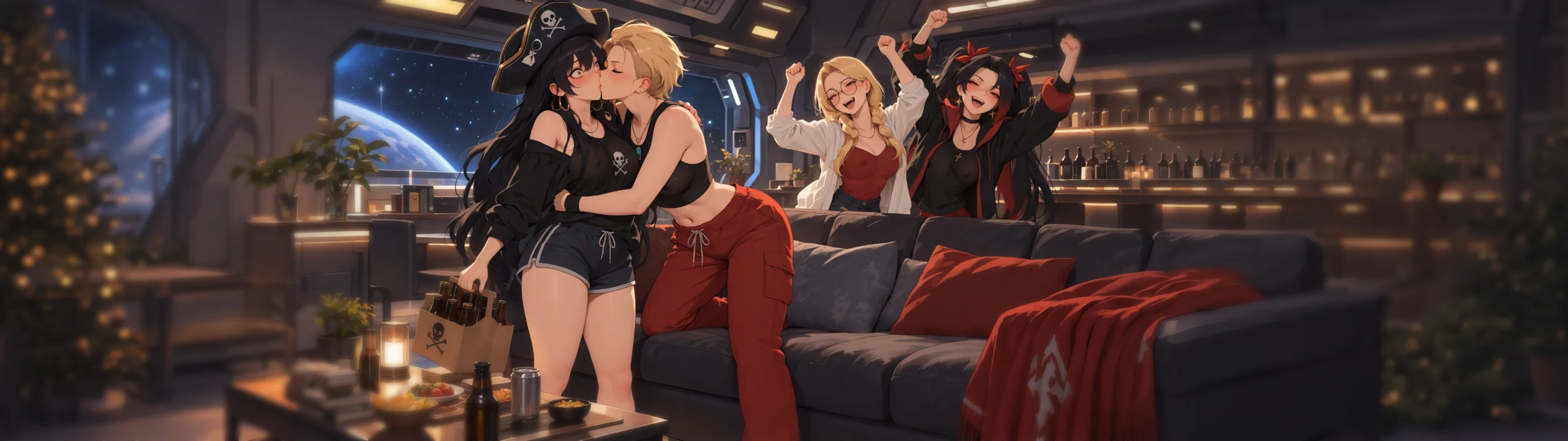 Billy kisses Mave while Sabrina and Raven cheer in the ship lounge