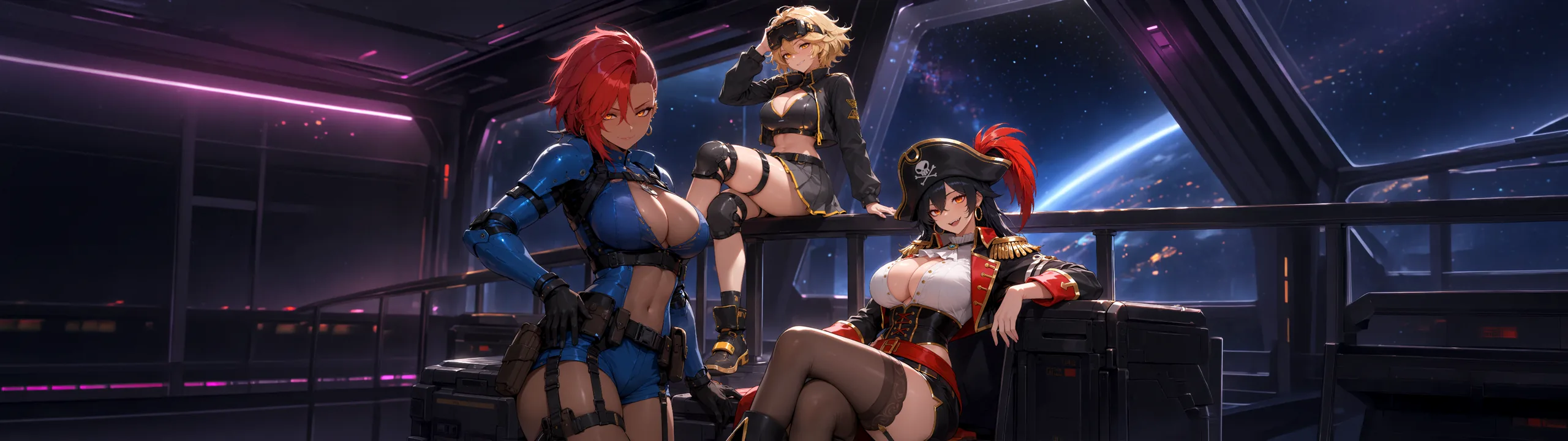 Three Void Sirens crew members on a station balcony