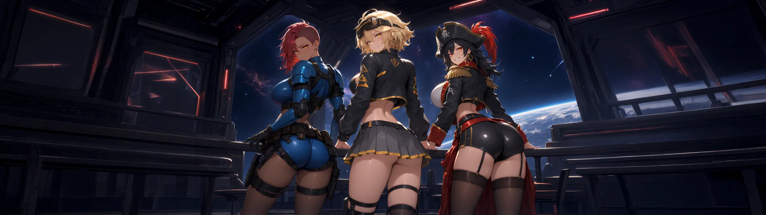 Three crew members overlooking space