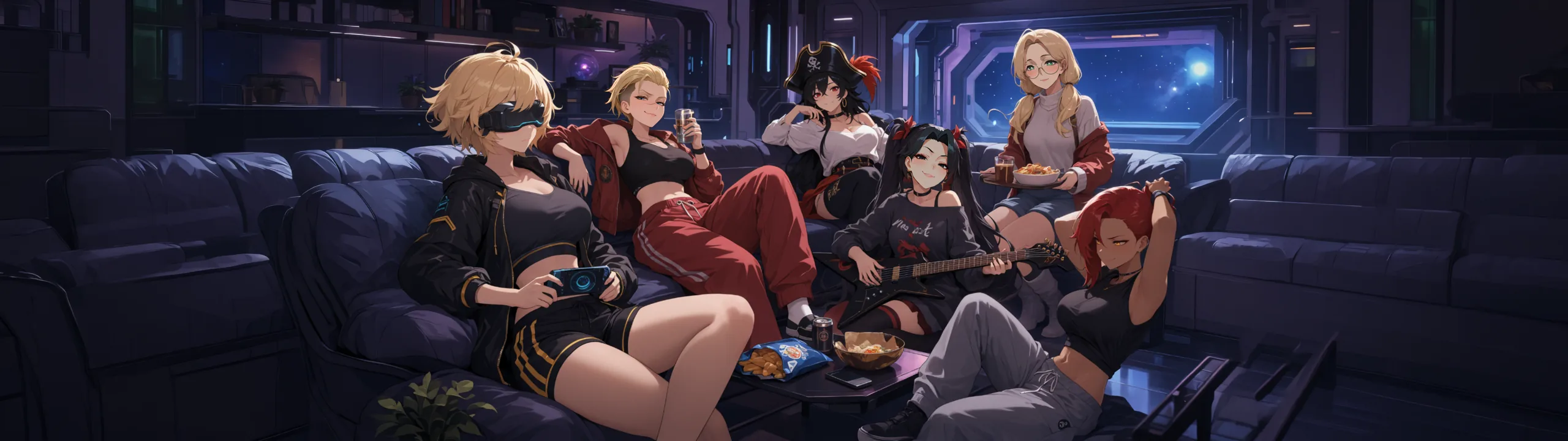 The crew relaxing in a ship lounge