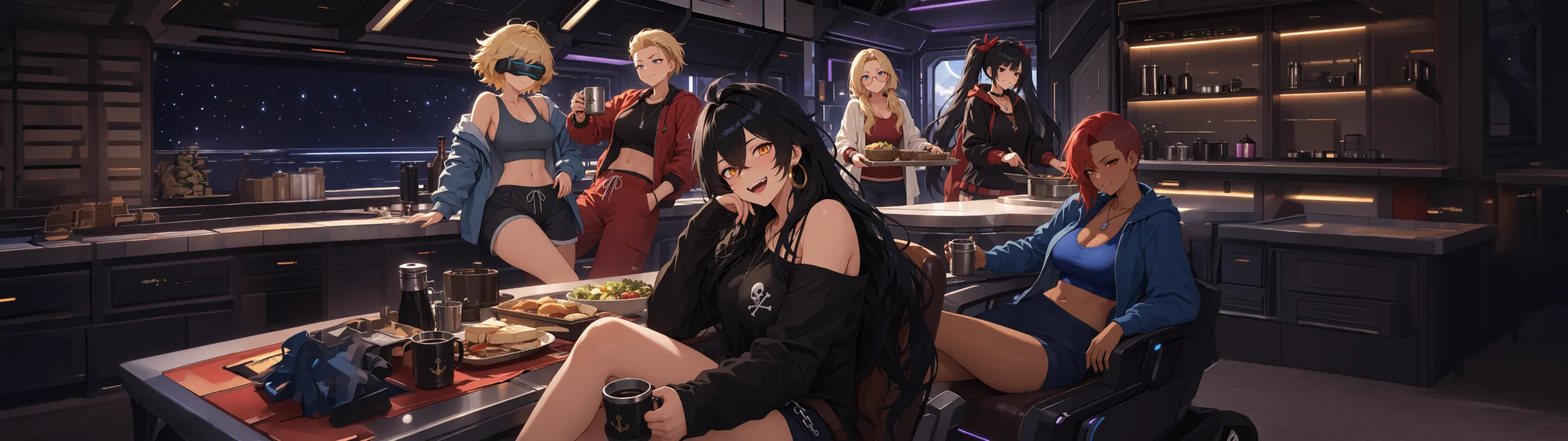 The crew sharing a meal aboard the ship