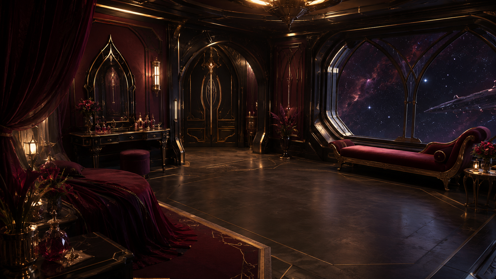 Agata’s lavish burgundy and gold private quarters with a panoramic space window