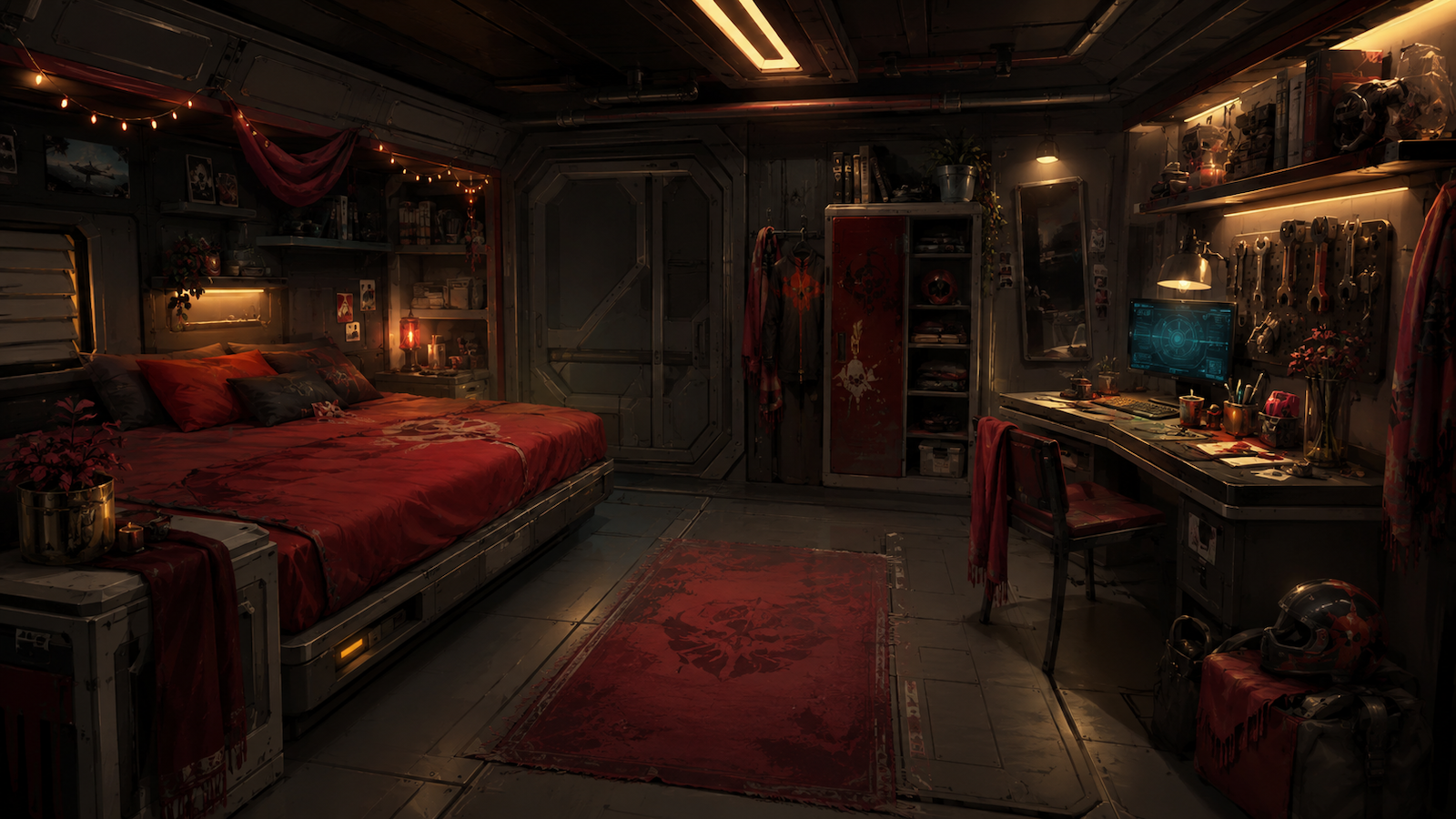 Aster’s warm, cluttered cabin with tools, spare parts, a workbench, and red textiles