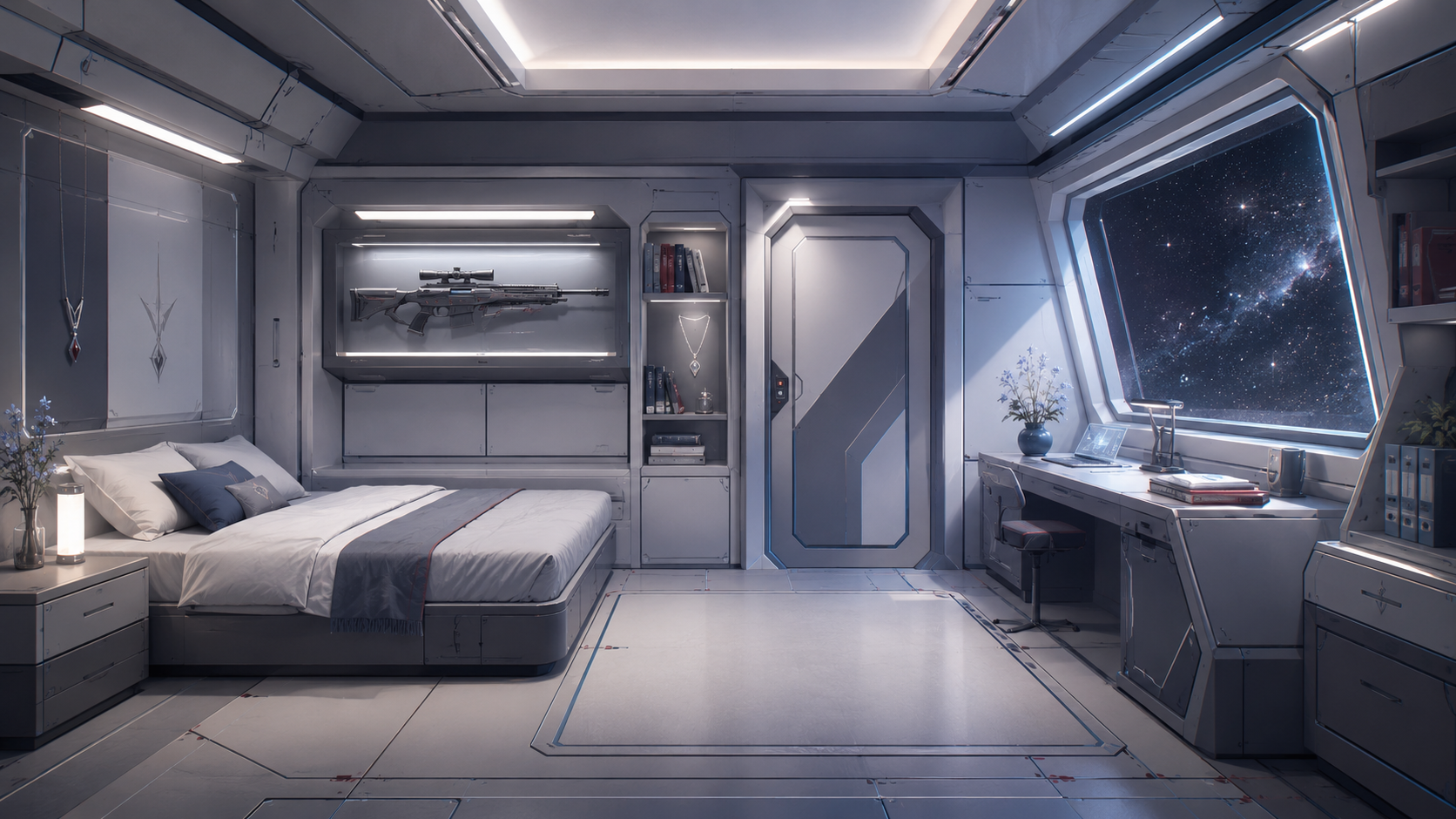 Fjela’s orderly pale cabin with a displayed rifle and a window onto the stars