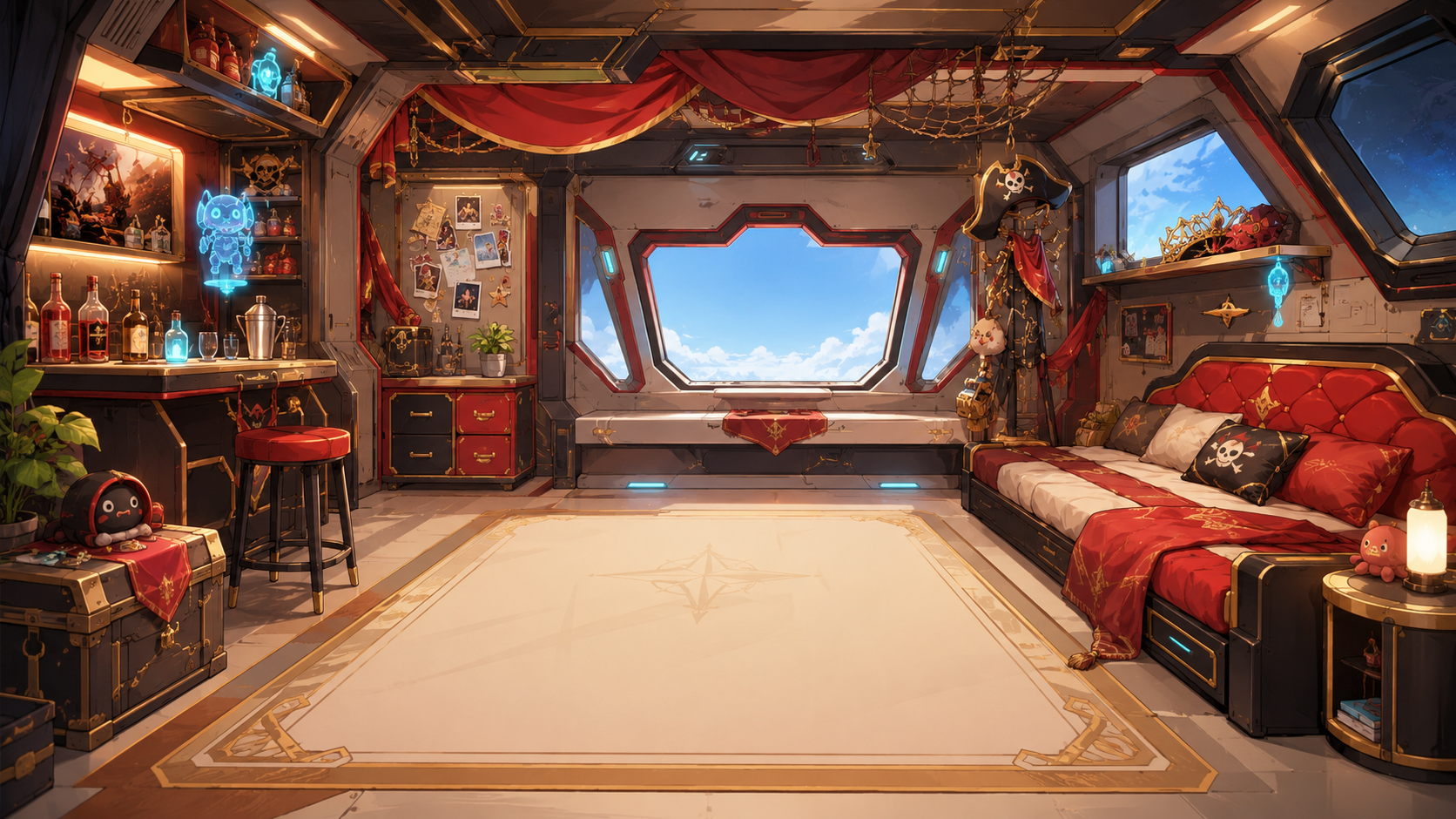 Mave’s comfortable private cabin, filled with personal keepsakes and red fabrics