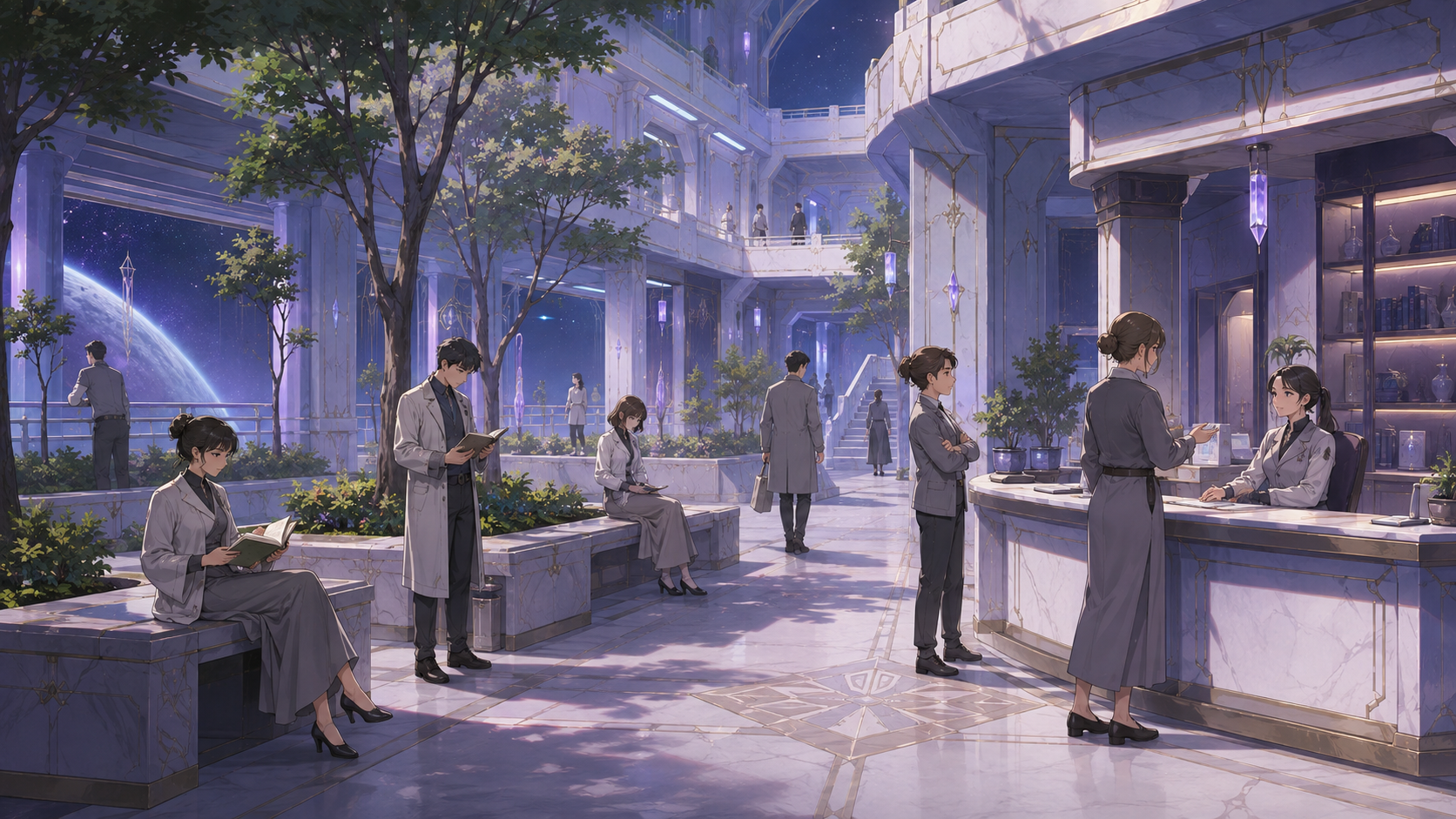 Adult citizens read and use a public service courtyard in an orderly imperial habitat