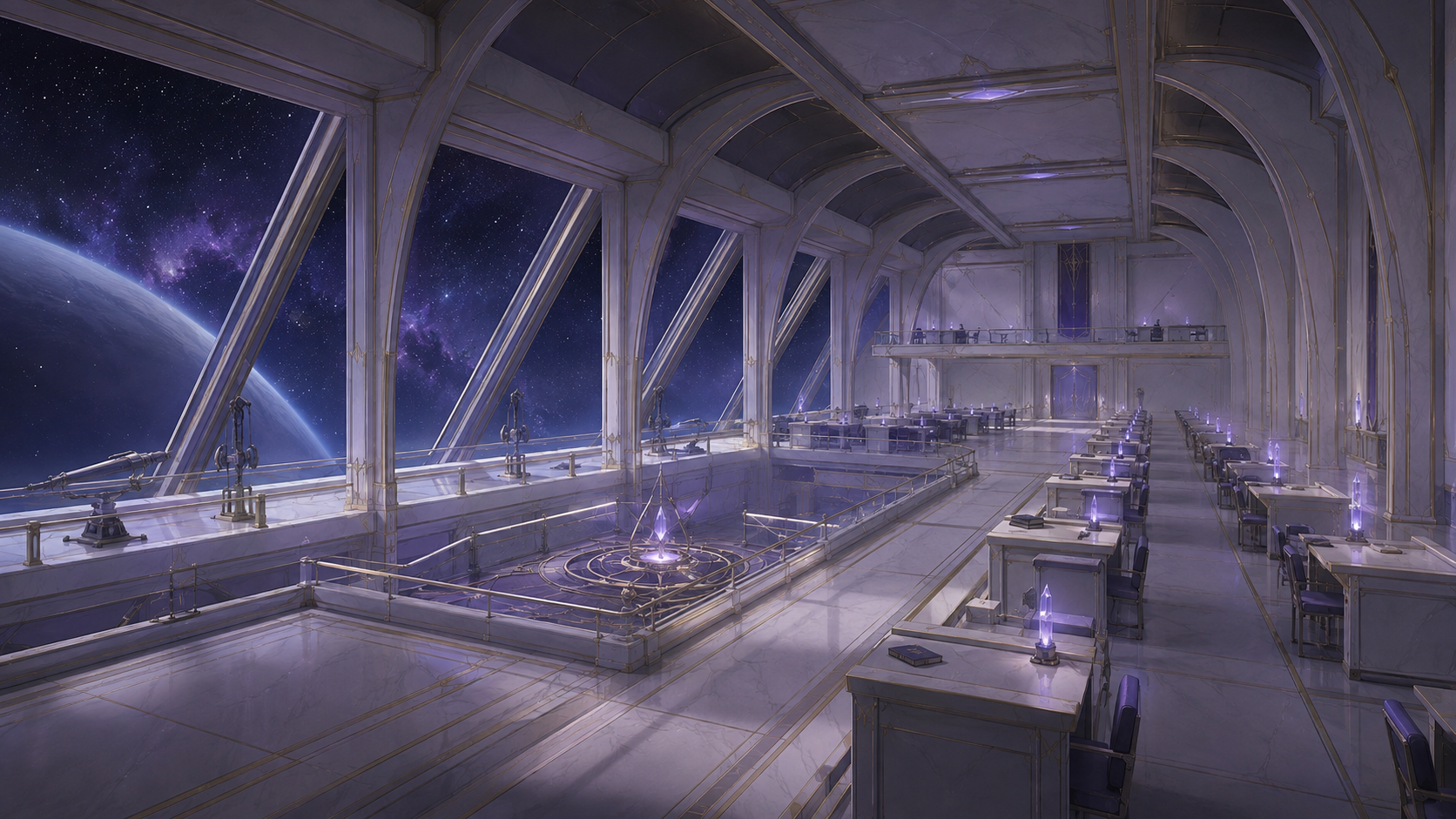 Precisely aligned study desks in an austere ivory and violet observation gallery