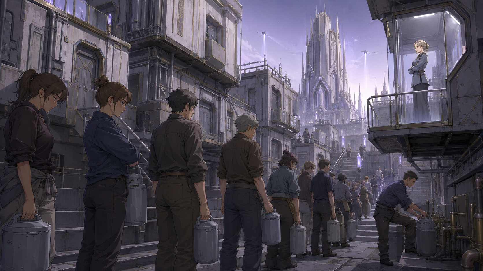 Adult residents queue with water canisters below an administrative booth in worn imperial housing