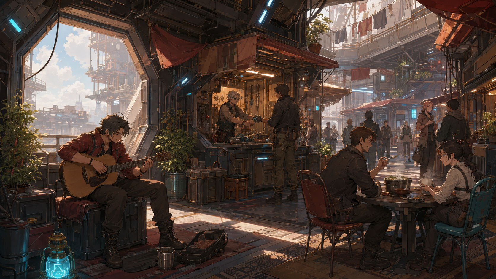 Adult residents share food, play music, and trade repairs in a patched pirate free-port