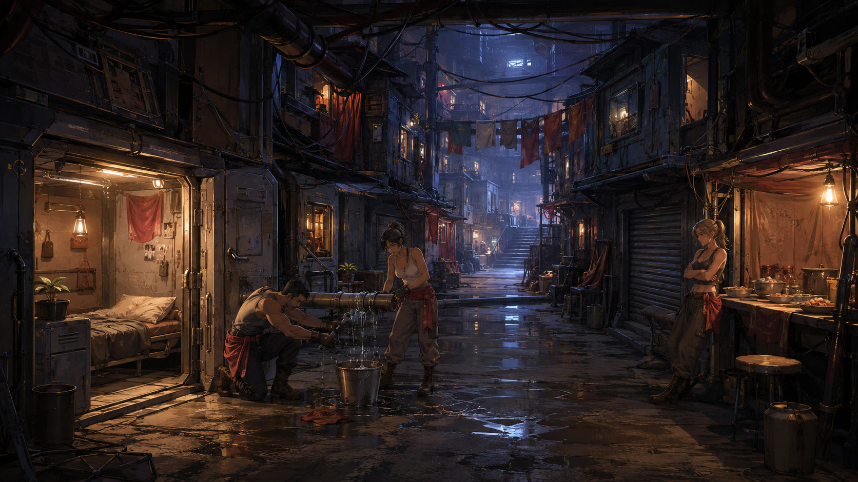 Adult residents mend a leaking pipe among cramped homes on the lower decks of a pirate port