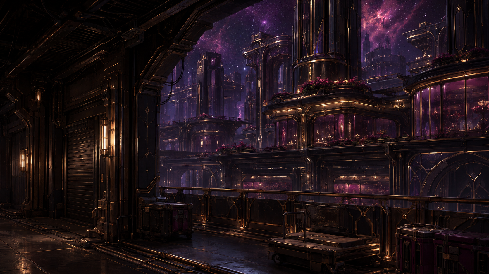 Industrial service decks beneath the polished towers of a corporate orbital district