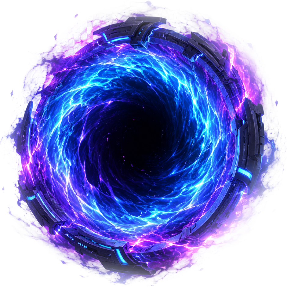 A circular interstellar portal with a luminous violet and cyan core