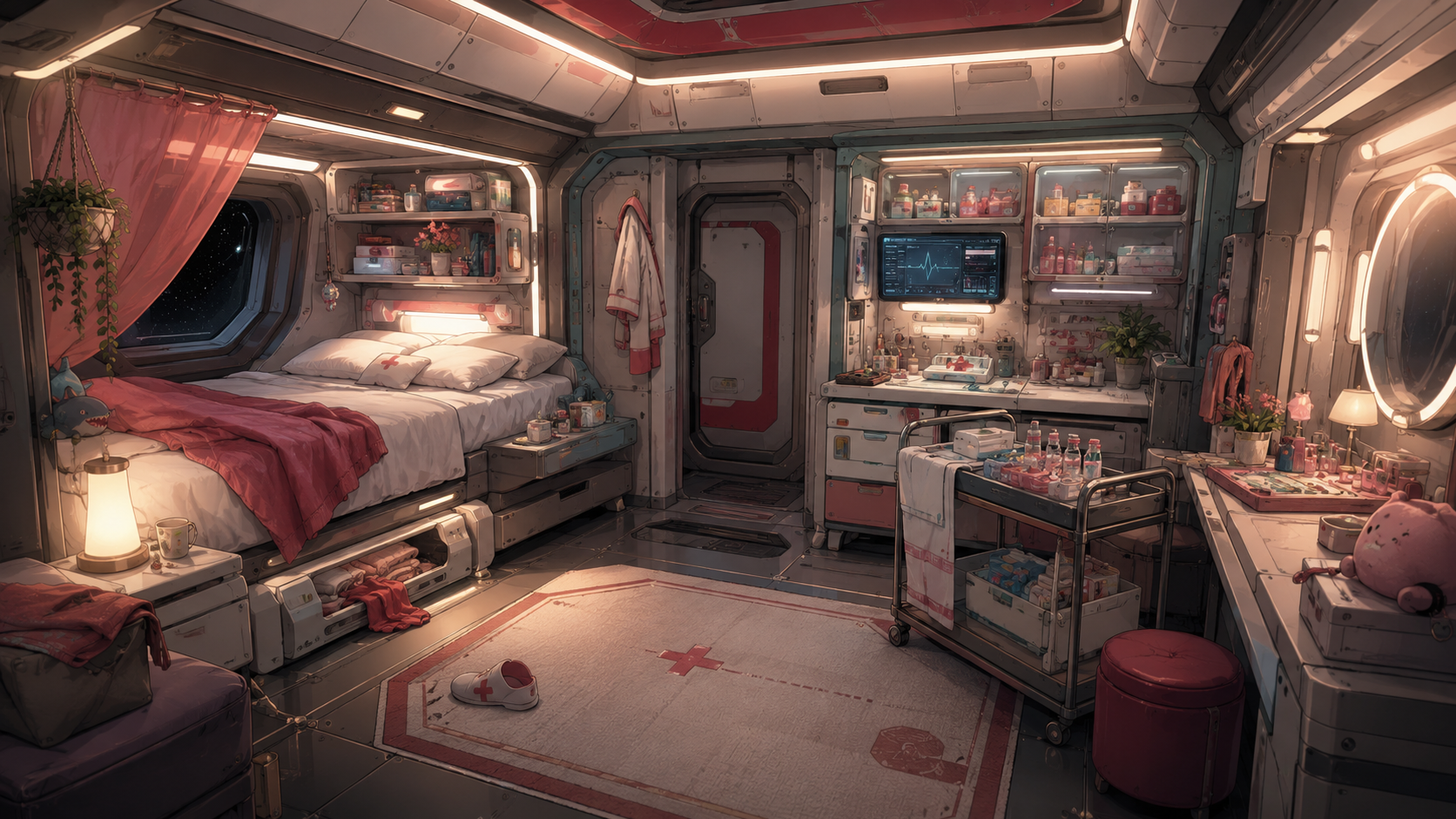 Sabrina’s softly lit pink and white cabin with medical supplies and a diagnostic monitor